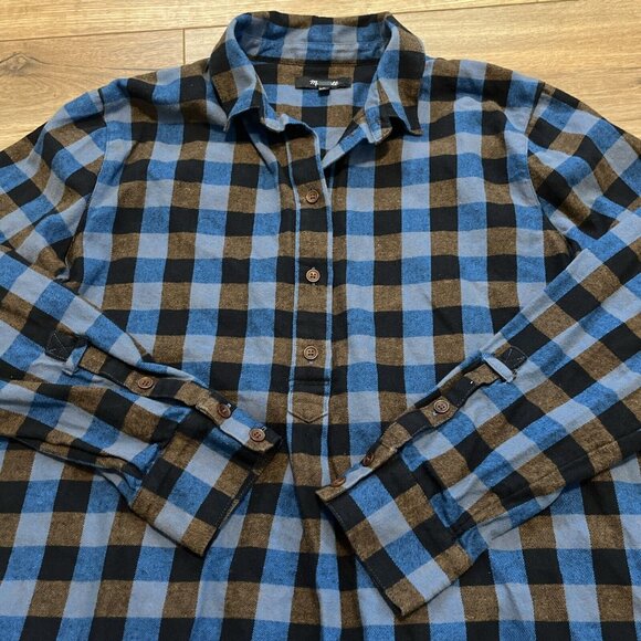 Madewell Flannel Drop-Shoulder Popover Top SZ Medium Blue Brown Check Button - Picture 10 of 12